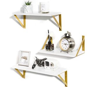 Y&M Floating Wall Shelves, Set of 3 Rustic Pine Wood Wall Mounted Shelf with Gold Metal Brackets, Decorative Storage for Bedroom, Bathroom, Modern Kitchen Living Room Storage & Decoration – White