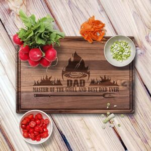 Dad Master of the Grill and Best Dad Ever Engraved Wooden Cutting Board – Grilling Gift Idea for Dad, Dad Birthday Present – Hardwood Wood Chopping Block Kitchen Decor – Made in USA – Medium Walnut