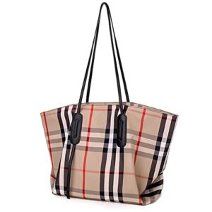 Handbags for Women, Canvas Fashion Shoulder Bag, Tote Bag Purse Top Handle Hobo Handbag,Stripes Style Large Capacity Purse Fashion Satchel with Zipper (Checkered Khaki)