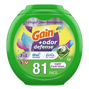 Gain Flings Laundry Detergent Pacs with Odor Defense, HE Compatible, 3in1 with Febreze and Oxi, Super Fresh Blast Scent, 81 Count