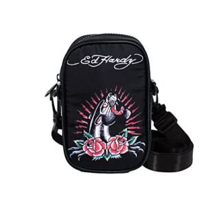 Ed Hardy Unisex Black/Black Jaguar Rose Tatoo Print Nylon Phone Crossbody Bag With Adjustable Shoulder Strap