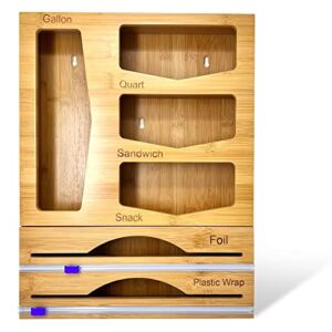 Compartmate Kitchen Drawer Organizer – Handsome Bamboo with Cutters. 6-in-1 Holds Gal,Qt, Sandwich, Snack, Plastic Wrap, Aluminum Foil Dispenser. Includes Hardware for Wall Mount