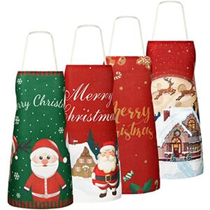 SATINIOR 4 Pieces Christmas Aprons Adjustable Cooking Aprons Holiday Aprons for Women Christmas Kitchen Home Cooking Baking (Red, Green, Vivid Style)