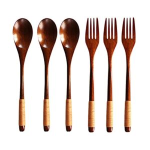 Hemoton 6Pcs Wooden Spoons and Wooden Forks Set, Japanese Style Utensil Set for Kitchen, Home, Camping, Picnic （ 8.8inch/ 22.5cm ）