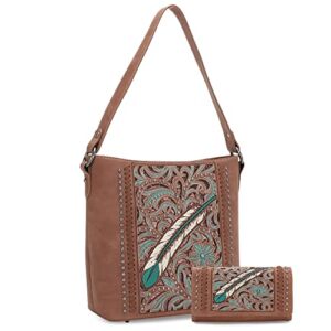 Montana West Feather Embroidered Collection Concealed Carry Hobo Bag for Women Large Purses and Handbags with Wallet MW1133G-918BR+W