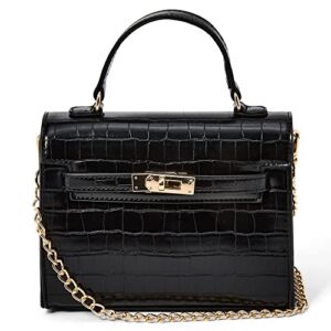 Like Dreams Women Small Fashion Crossbody Box Purse Faux Croc Vegan Leather Turn Lock Handbag Purse (Black)