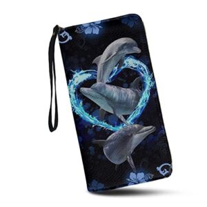 SCRAWLGOD Dolphin Print Cute Women Wallet Clutch RFID Blocking Card Holder Long Purse with Wristlet Strap Leather