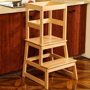 Kitchen Step Stool for Kids with Safety Rail,Toddler Standing Tower for Kitchen Counter, Baby Montessori Stool,Solid Wood Construction,Natural