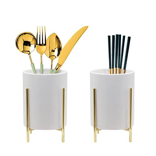 Kitchen Utensil Holder, Ceramic Utensil Holder with Metal Frame Chic & Modern Kitchen Cooking Utensil Holder, Robust Silverware Caddy 4.7*3.15 inch Gold 2 Piece Set | The Storepaperoomates Retail Market - Fast Affordable Shopping