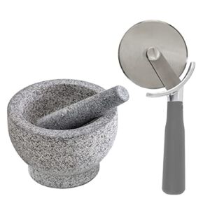 Gorilla Grip Mortar and Pestle Set and Pizza Cutter Wheel, Mortar and Pestle Holds 2 Cups, Pizza Cutter Wheel is Rust Resistant, Both in Gray Color, 2 Item Bundle