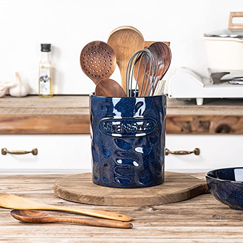 vicrays Ceramic Kitchen Utensil Holder – 7″ Large Ceramic Farmhouse Kitchen Decor Cooking Organizer – Wooden Spoon Spatula Crock for Stove Top and Countertop – Starry Blue | The Storepaperoomates Retail Market - Fast Affordable Shopping