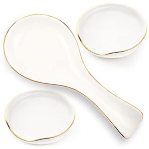 3 Pcs Gold Rim Ceramic Spoon Rests White Kitchen Spoon Rests Long Cooking Spoon Holder for Countertop Round Teaspoon Rest Cute Spoon Holder for Home Restaurants Cafe Home Hotels Accessories