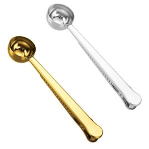 2 Pack Coffee Scoop Clip Stainless Steel Measuring Spoon，Long Handle Scooper with Bag Clip for Home Kitchen Dining Restaurant（Gold +Silver）