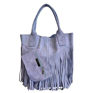 Modarno Women Genuine Suede Fringe Shopper Bag Plus Case for Same Color Jewelry – Handbag – Shoulder Bag, Blue Purple