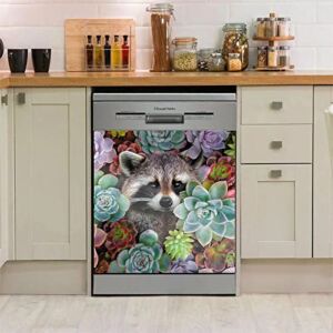 Funny Animals Magnetic Dishwasher Sticker Raccoon Painting Fridge Door Magnet Panels Cover Refrigerator Decals Succulents Home Cabinet Appliances Decor 23″ Wx26 H