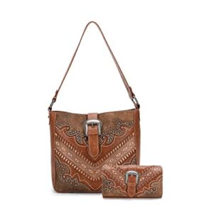 Montana West Embossed Leather Tooled Collection Concealed Carry Hobo Bag for Women Western Purses and Handbag with Wallet MW1131G-918BR+W