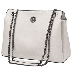 FOXLOVER Leather Shoulder Purses for Women, Medium Ladies Designer Handbags Chain Crossbody Bag (White)