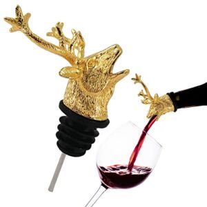 Wine Stoppers Wine Aerator Pourer Spout Bottle Pourers for Alcohol Stainless Steel Deer Stag Head Wine Pourer Stags with Food Grade Silicone Stopper for Home and bar Use (Gold)