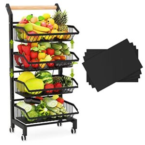 Fruit Basket, 1Easylife 4-Tier Adjustable Fruit Vegetable Basket Cart, Stackable Metal Wire Storage Cart for Pantry Organization, Rolling Pantry Utility Kitchen Cart, with 4 Free Mats