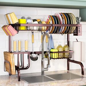 Over The Sink Dish Drying Rack, 2 Tier Dish Drying Rack Expandable (25.5 to 33.5 inch) Dish Drainer Rack with Utensil Sponge Holder Sink Caddy for Kitchen Counter Organization, Copper Bronze