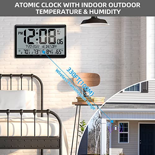 Atomic Clock / Never Needs Setting, Battery Operated, 15″ Atomic Wall Clock with Indoor / Outdoor Temperature & Humidity, Wireless Outdoor Sensor, Digital Wall Clock with 4.5″ Numbers Easy-to-Read | The Storepaperoomates Retail Market - Fast Affordable Shopping