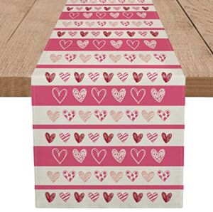 Valentines Day Table Runner Striped Heart Love 13 x 72 Inch Pink Seasonal Anniversary Wedding Table Runners Home Kitchen Party Decor Holiday Dining Decorations