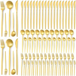 90 Pcs Gold Silverware Set, 18 Set Gold Flatware Cutlery for 5 Matte Golden Stainless Steel Utensils Set Includes Forks Knives and Spoons for Kitchen Home Restaurant, Dishwasher Safe (Gold Handle)