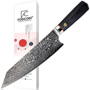 FODCOKI Damascus Chef Knife- Japanese Gyuto 8 inch Kiritsuke Kitchen Knife- Professional Meat Knife Razor Sharp for Cooking Cutting- Damascus VG 10 Steel- Wooden Handle