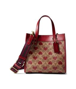 COACH Coated Canvas Signature with Heart Print Canvas Field Tote 22 Tan Red Apple One Size