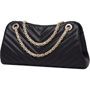 FOXLOVER Womens Leather Quilted Crossbody Purse, Ladies Chain Crossbody Shoulder Bag Designer Handbag (Black)