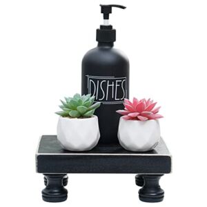 Delimux Farmhouse Home Decor Wood Riser with 2 Artificial Succulent Plants Wooden Decorative Pedestal Stand Tray Displays Decorations for Rustic Home Bathroom & Kitchen Decor (Black)