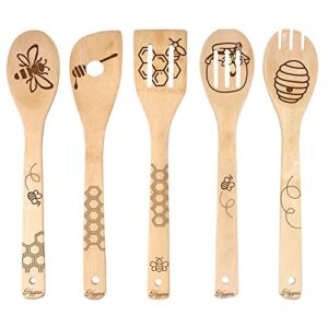HYGNN Bee Designs Laser Bamboo Cooking Spoons Set,Cooking Utensils,Non-Stick Carve Spoons Burned Wooden Spoons,Kitchen Decoration,Bee Themed Gifts Housewarming Present Supplies