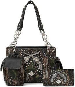 Cowgirl Trendy Camouflage Dual Pistol Western Studs Handbag Concealed Carry Purse Country Women Shoulder Bag Wallet Set (Black Set)
