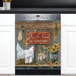 Kitchen Decor Farm Chicken Dishwasher Cover Magnetic Sticker – Flower Birds Magnet Decal – Dishwasher Decals Bless Home Decorative 23x26inch
