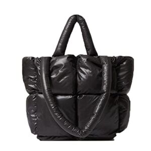 Lightweight Puffer Tote Purse Quilted Women Luxury Handbag Soft Shoulder Bag (Black)