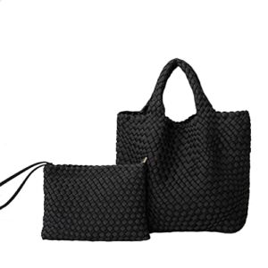Fashion Hobo Bag Handmade Woven Casual Female Handbag Large Capacity Neoprene Tote Bag Patchwork Women Shoulder Bags (Black)