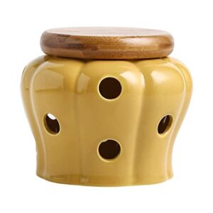 YARNOW Garlic Keeper, Ceramic Garlic Storage Container, Garlic Keeper with Bamboo Lid (Yellow)