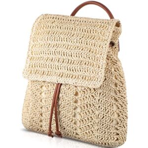 Saintrygo Women Straw Beach Handbag Backpack Boho Shoulder Handbag Casual Woven Backpack Hollow out Straw Beach Backpack for Summer (Beige)