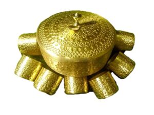 Brass Metal Spice Box Kitchen Storage Containers Indian Spice/Masala Box/Storage Box/Decorative Round Handcrafted By AMAYA CRATIONS, Gold, Diameter :- 8.1 Inches (Pure Handmade 8 inch)