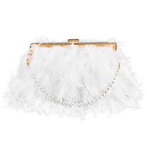 Evening Purse with Pearl Strap Chain and Gold Chain Faux Fur Purse Fake Feather Clutch White Fluffy Purse Women’s Evening Handbags for Girls Ladies