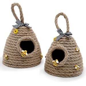 Jute Bee Hive Decor Bee Tiered Tray Decorations Decorative Honey Bee Skeps Spring Farmhouse Coffee Table Decor Country Kitchen Decor Natural Bee Party Summer Sunflower Home Bookshelf Decor Set of 2