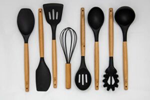 SOL – Silicone Cooking Utensils with Wooden Handle, 8 Pc Kitchen Utensil Set, Dishwasher Safe, Kitchen Gadgets and Spatula Set – Black