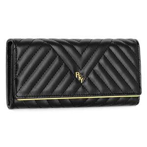 Quilted Soft Leather Long Wallets for Women Slim Trifold Clutch Wallet PU Vegan Leather with Coin Pouch(Black)