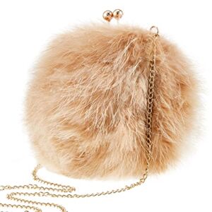 Women’s Feather Clutch Purse Faux Fluffy Feather Round Clutch Shoulder Crossbody Bag Vintage Evening Bags with 2 Chains for Girls, Light Camel