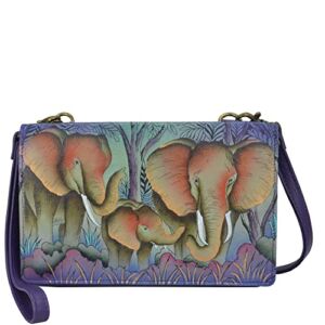 Anna by Anuschka Women’s Hand-Painted Genuine Leather 4-In-1 Organizer Crossbody/Belt Bag/Clutch/Writlest – Elephant Family