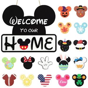 FUEMEILY Cute Mouse Interchangeable Seasonal Welcome Door Sign for Front Door Decor, Welcome to Our Home Sign with Interchangeable Holiday Pieces for Farmhouse/Wall/Porch Decor and Housewarming Gift