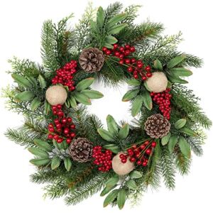 Christmas-Wreath, 20 in Handcrafted Farmhouse Wreath with Variant Red Berry & Evergreen Leaf, Rattan Base Christmas-Decor, Christmas Decorations for Indoor & Outdoor Use-No Light