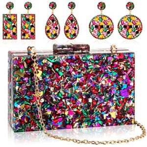 4 Pieces Acrylic Purses and Handbags with Acrylic Geometry Dangle Earring for Women Multicolor Perspex Geometric Patterns Box Clutch Banquet Evening Crossbody Handbag