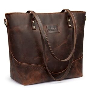 S-ZONE Women’s Leather Tote Bag Vintage Large Work Handbag Shoulder Crossbody Purse with Zipper Pocket