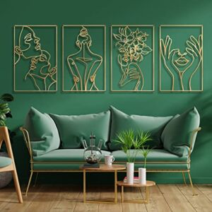 Blueyets 4 Pack Wall Decor, Large Real Metal Minimalist Wall Art, Modern Abstract Female Body Flower Woman Face Lover Single Line Wall Sculptures Set for Home Bedroom Living Room, Gold